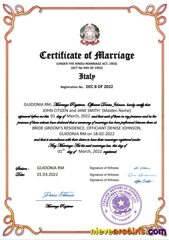 Professional Italy Marriage Certificate Word And PDF Template