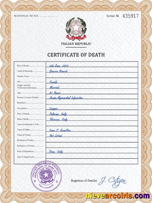 Realistic Italy Vital Record Death Certificate PSD Template