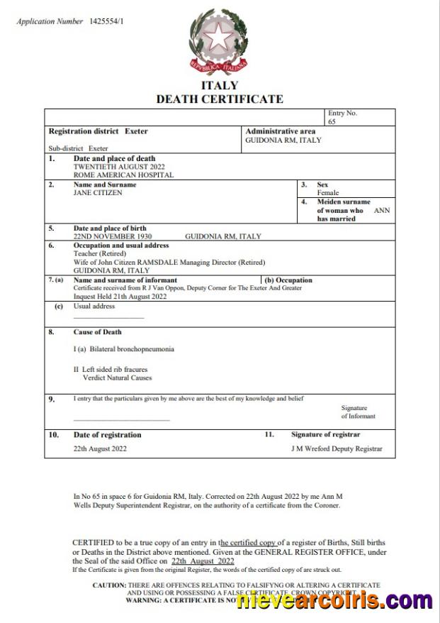 Professional Italy Vital Record Death Certificate Word And PDF Template