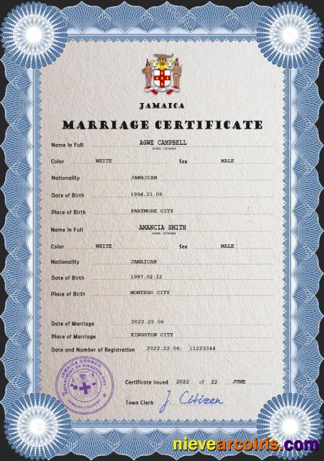 Editable Jamaica Marriage Certificate PSD Template