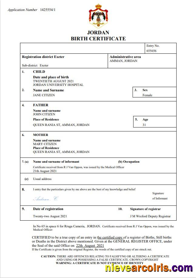 Editable Jordan Birth Certificate Word And PDF Template