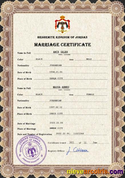 Editable Jordan Marriage Certificate PSD Template