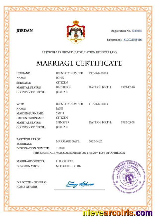 Editable Jordan Marriage Certificate Word And PDF Template