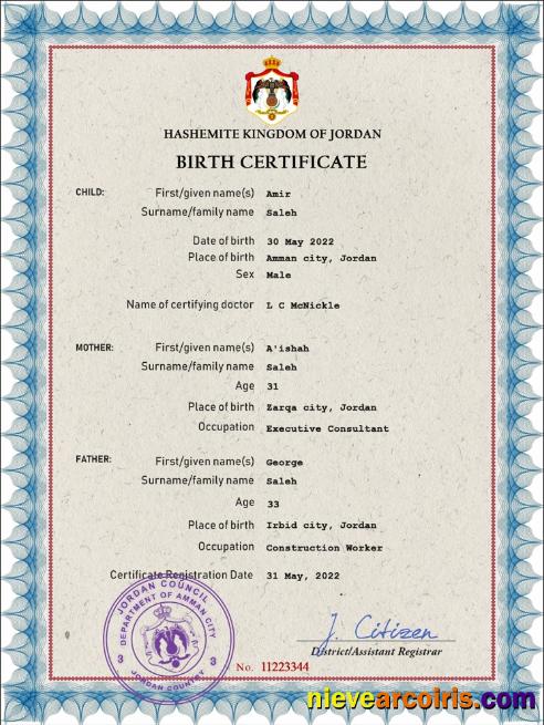 Premium Jordan Vital Record Birth Certificate PSD Template
