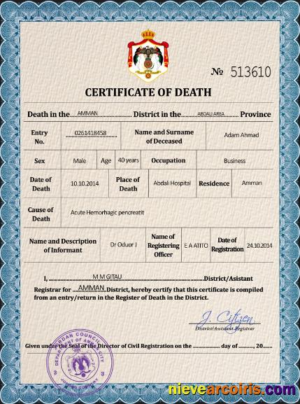 Realistic Jordan Vital Record Death Certificate PSD Template