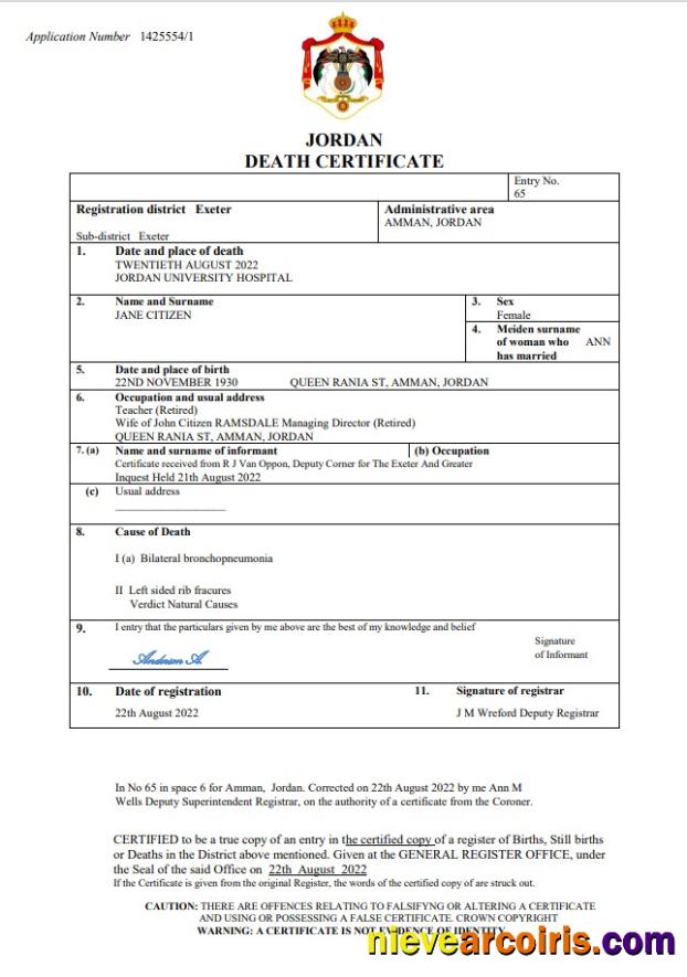 Premium Jordan Vital Record Death Certificate Word And PDF Template