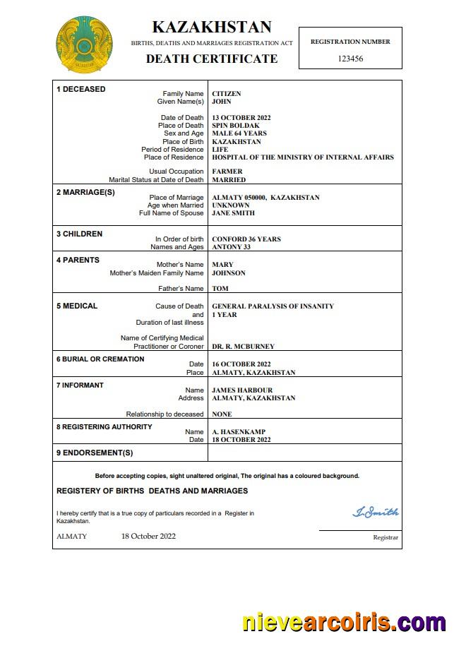 Professional Kazakhstan Death Certificate Word And PDF Template