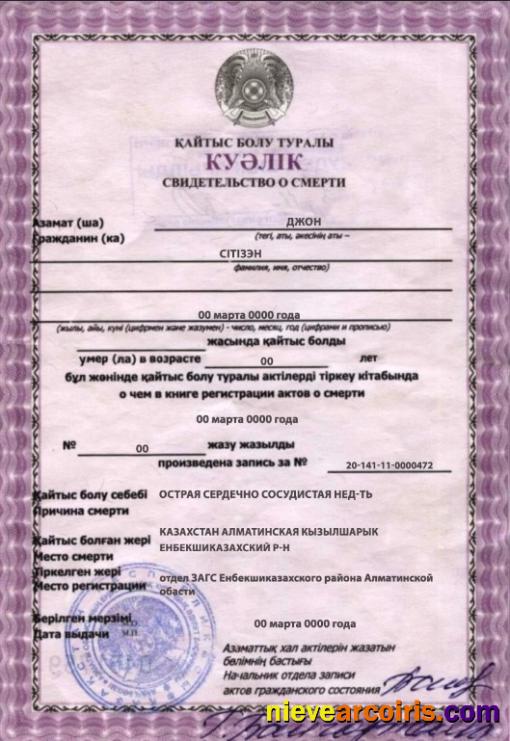 Premium Kazakhstan Death Certificate Fully Editable Template In PSD Format