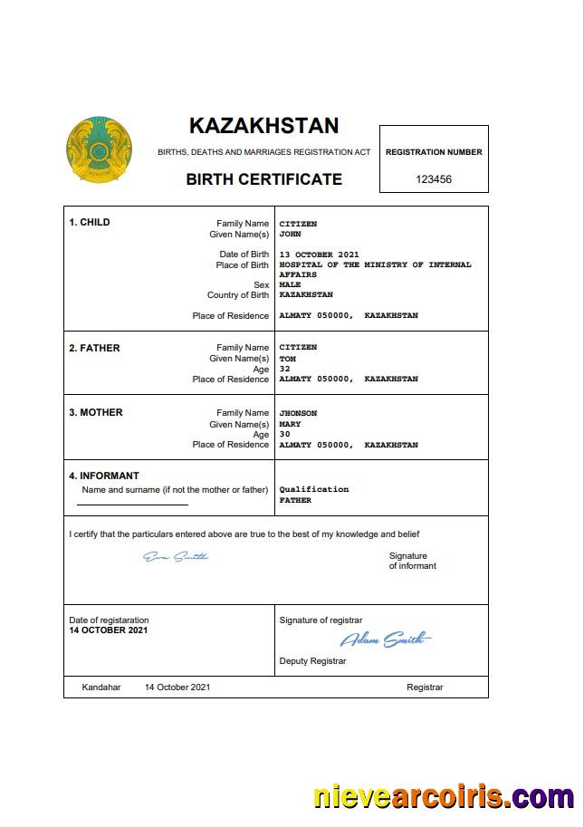 Realistic Kazakhstan Vital Record Birth Certificate Word And PDF Template