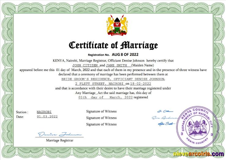 Editable Kenya Marriage Certificate Word And PDF Template