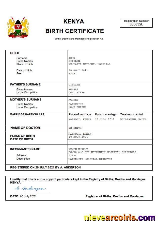 Professional Kenya Vital Record Birth Certificate Word And PDF Template