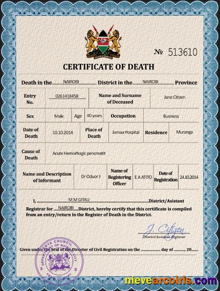 Realistic Kenya Vital Record Death Certificate PSD Template
