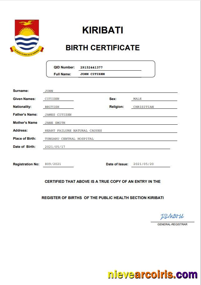 Realistic Kiribati Birth Certificate Word And PDF Template