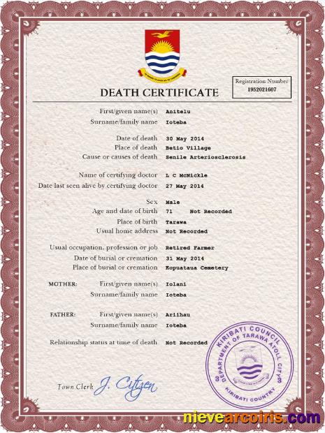 Realistic Kiribati Death Certificate PSD Template