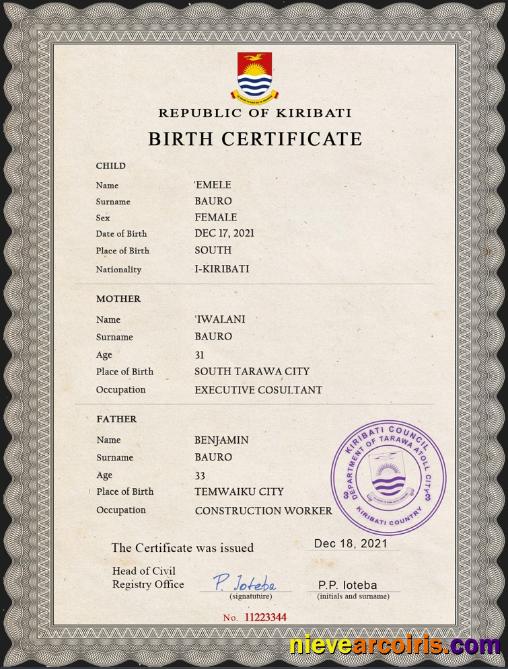 Professional Kiribati Vital Record Birth Certificate PSD Template