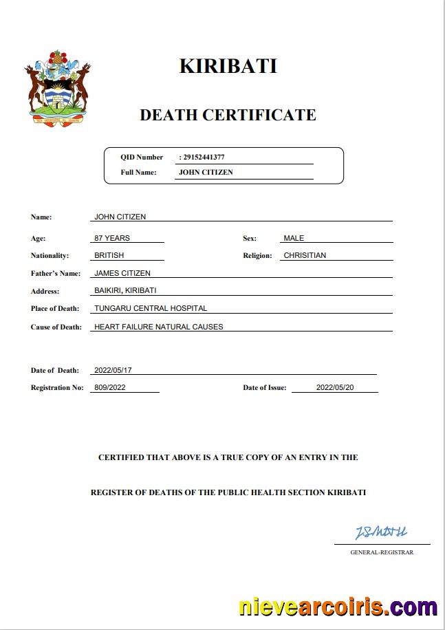 Professional Kiribati Vital Record Death Certificate Word And PDF Template