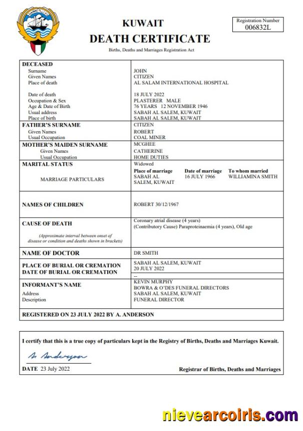 Realistic Kuwait Death Certificate Word And PDF Template