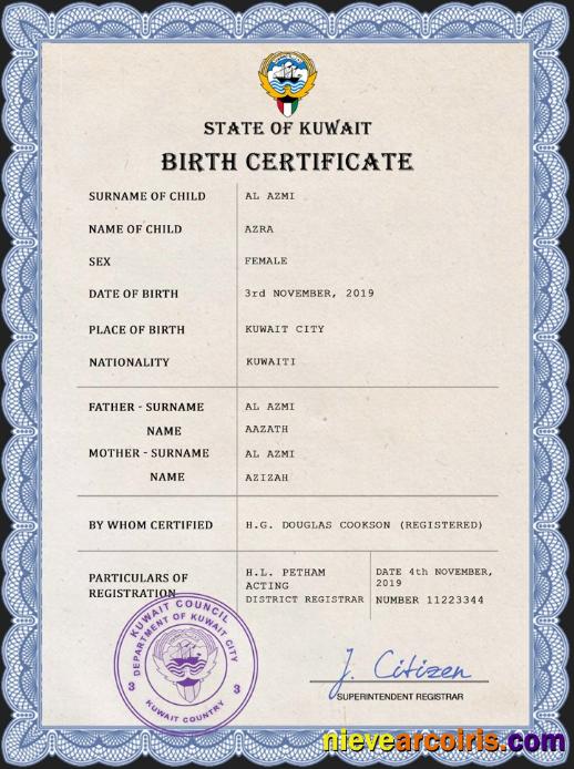 Professional Kuwait Vital Record Birth Certificate PSD Template