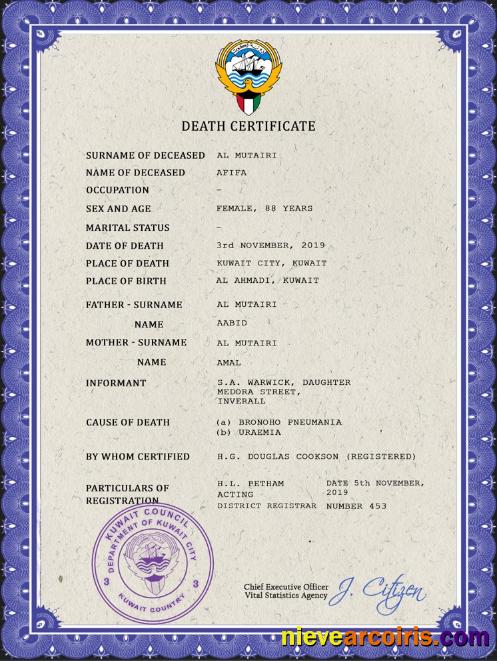 Premium Kuwait Vital Record Death Certificate PSD Template