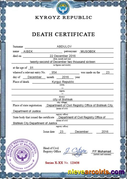 Editable Kyrgyzstan Death Certificate PSD Template