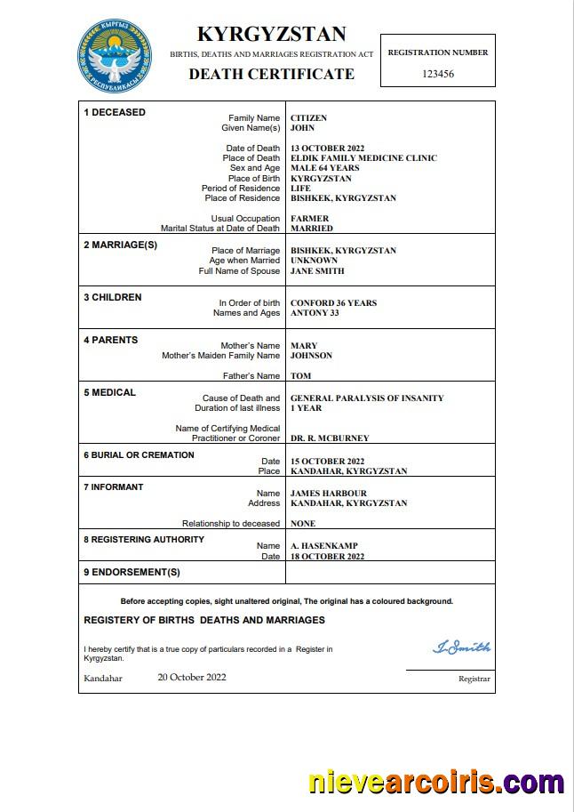 Premium Kyrgyzstan Death Certificate Word And PDF Template