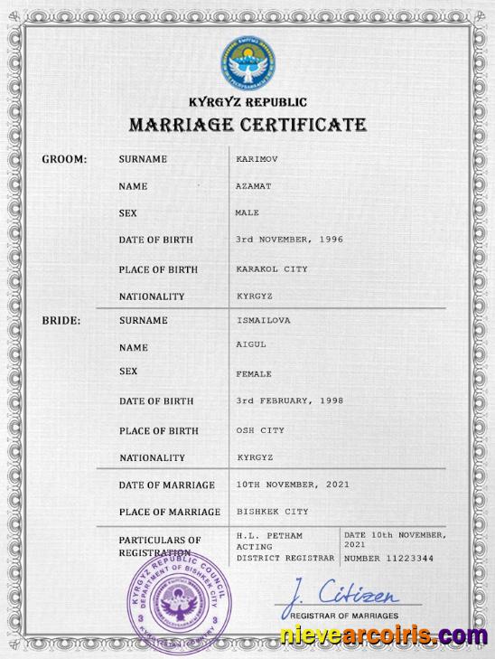 Professional Kyrgyzstan Marriage Certificate PSD Template