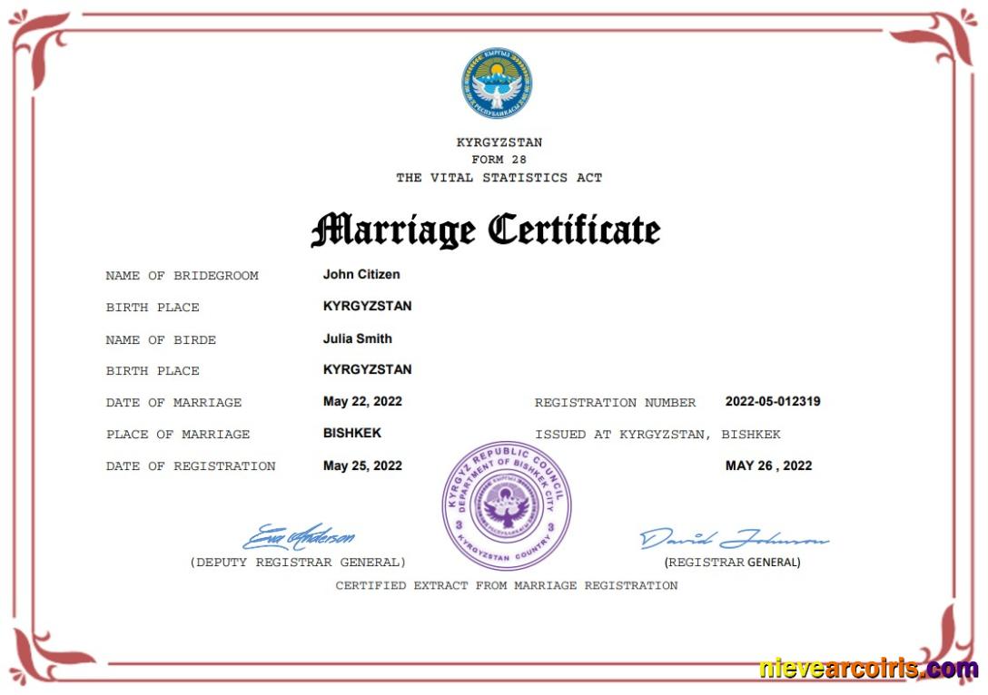 Realistic Kyrgyzstan Marriage Certificate Word And PDF Template