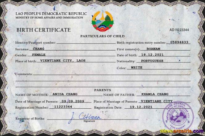 Editable Laos Birth Certificate PSD Template