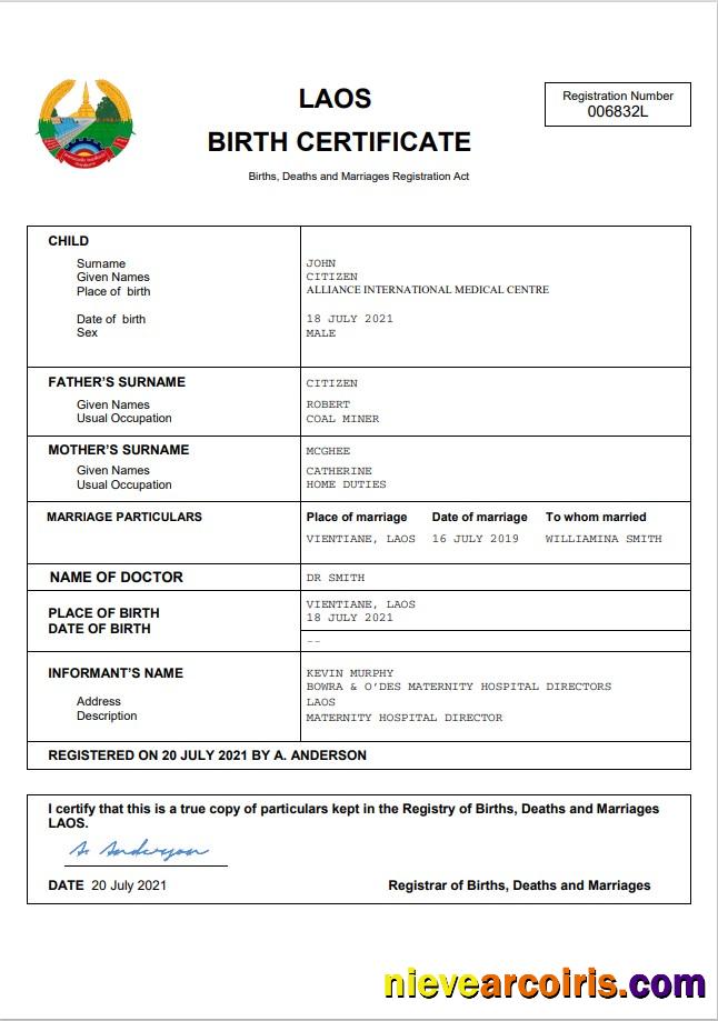 Realistic Laos Birth Certificate Word And PDF Template
