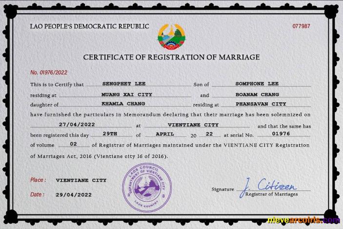 Editable Laos Marriage Certificate PSD Template