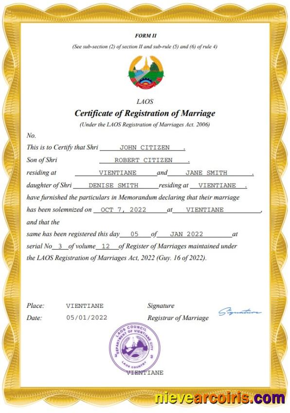 Editable Laos Marriage Certificate Word And PDF Template