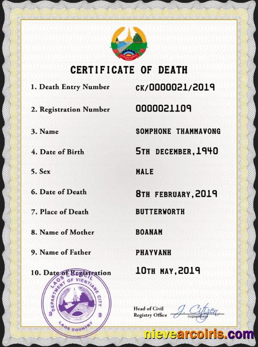 Realistic Laos Vital Record Death Certificate PSD Template