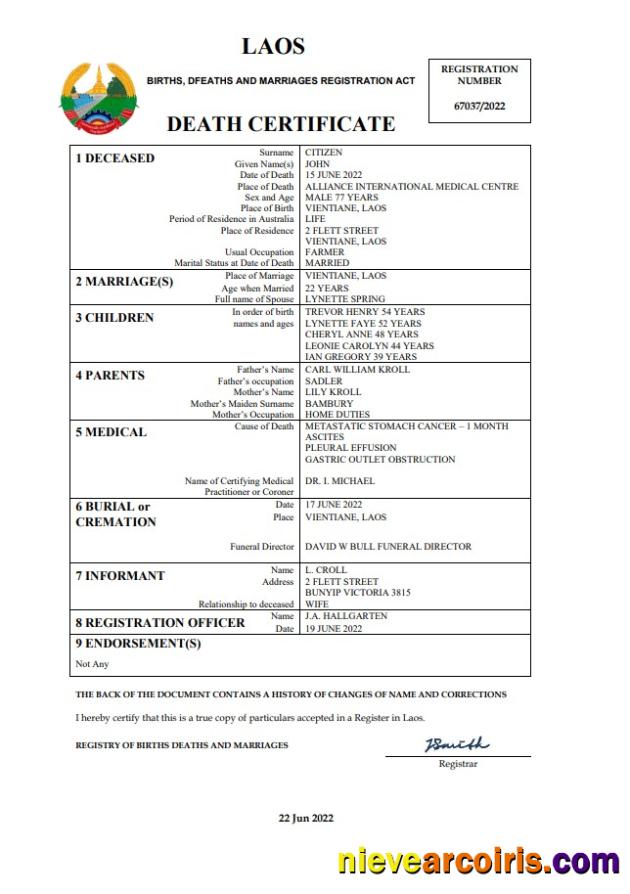 Editable Laos Vital Record Death Certificate Word And PDF Template