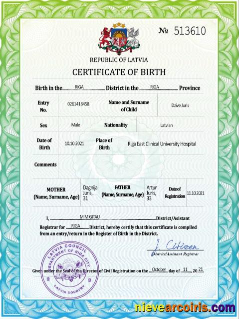 Editable Latvia Vital Record Birth Certificate PSD Template