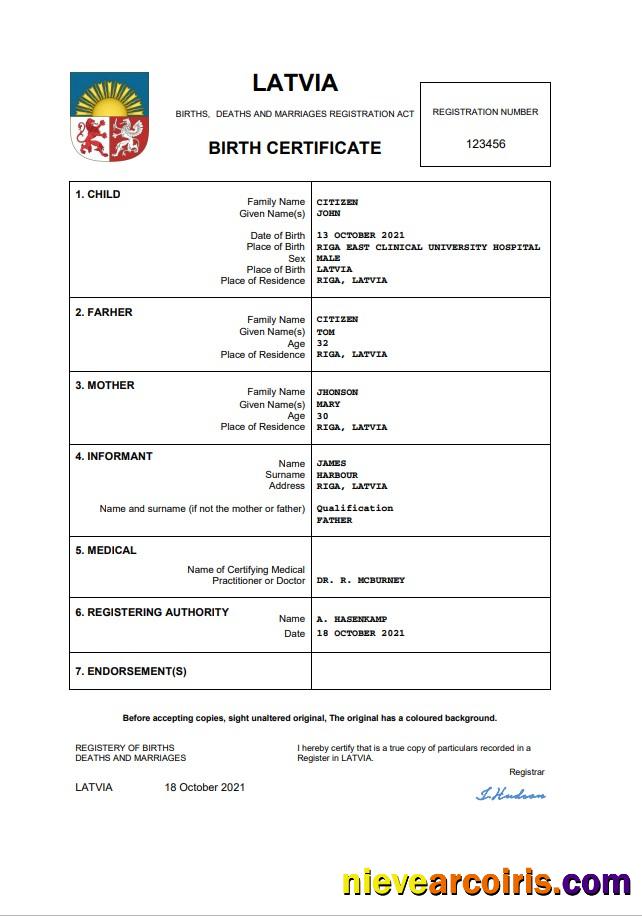 Realistic Latvia Vital Record Birth Certificate Word And PDF Template