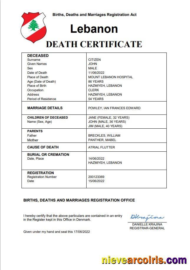 Editable Lebanon Death Certificate Word And PDF Template