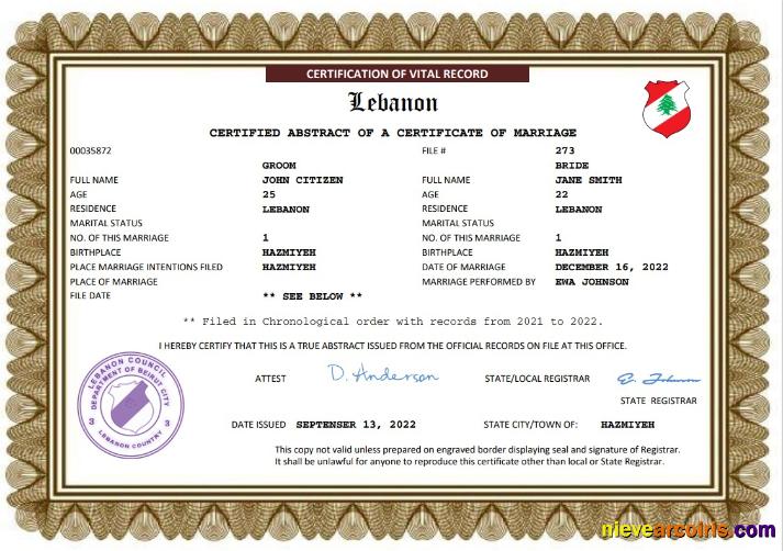 Editable Lebanon Marriage Certificate Word And PDF Template