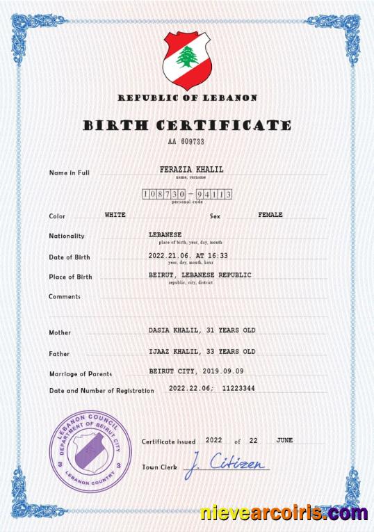 Realistic Lebanon Vital Record Birth Certificate PSD Template