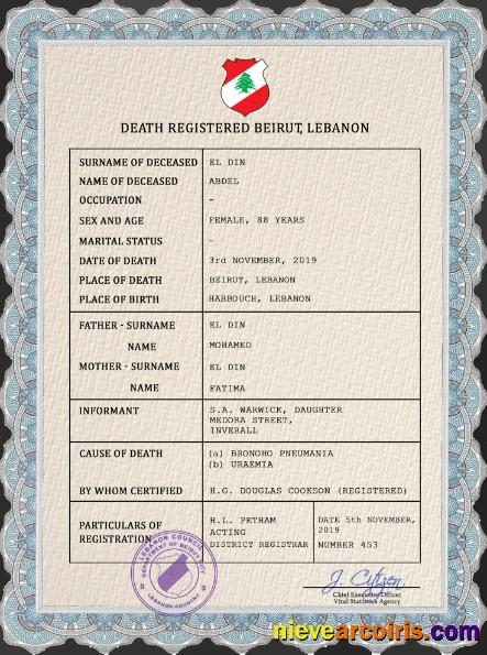 Realistic Lebanon Vital Record Death Certificate PSD Template