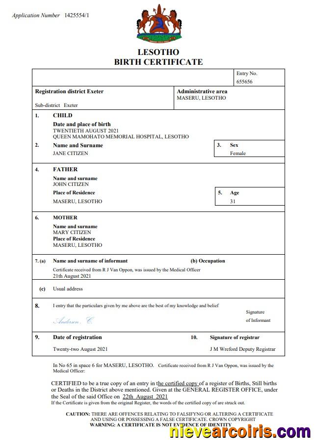 Editable Lesotho Birth Certificate Word And PDF Template
