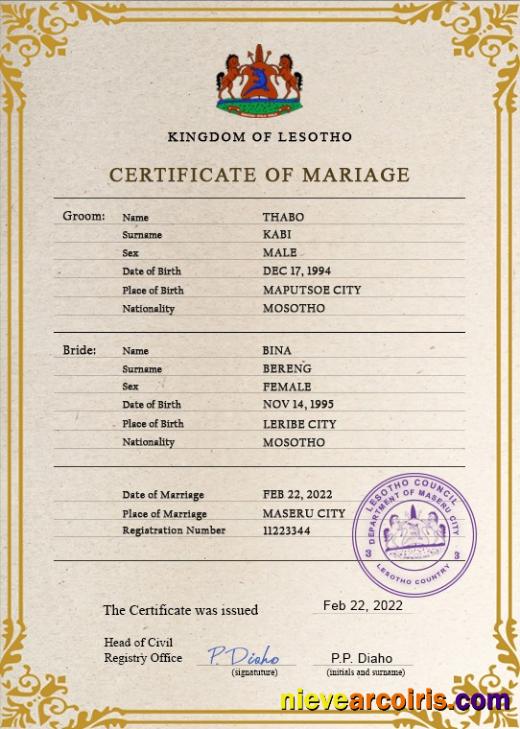 Editable Lesotho Marriage Certificate PSD Template