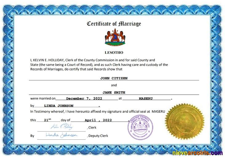 Realistic Lesotho Marriage Certificate Word And PDF Template