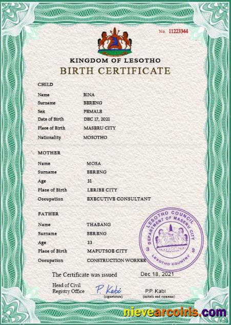 Editable Lesotho Vital Record Birth Certificate PSD Template