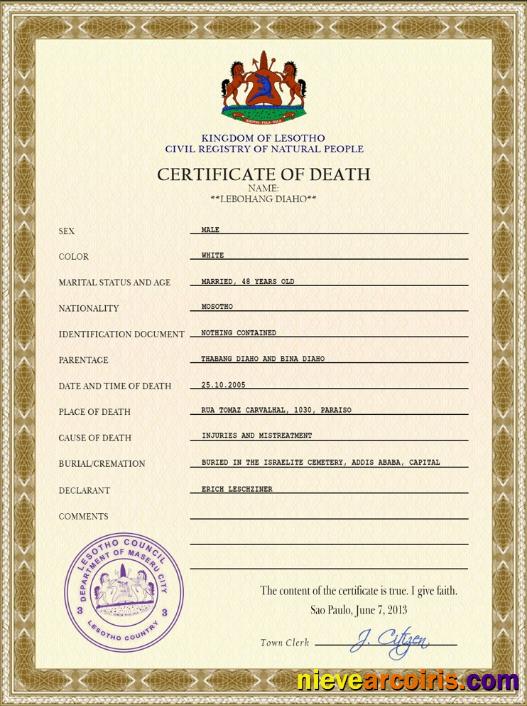 Premium Lesotho Vital Record Death Certificate PSD Template