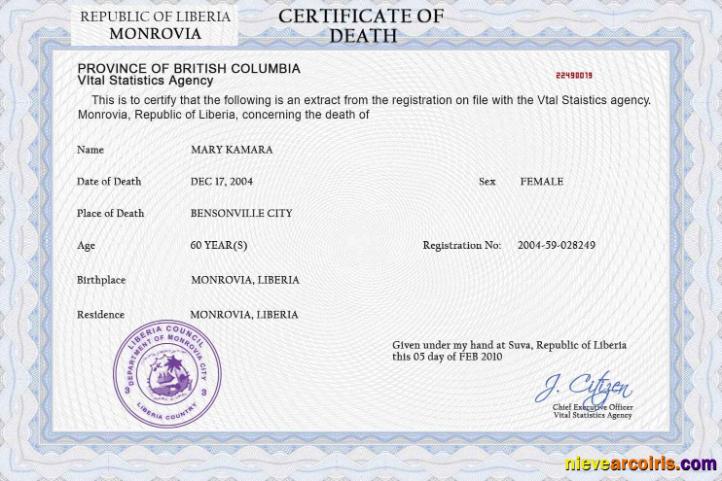 Realistic Liberia Death Certificate PSD Template