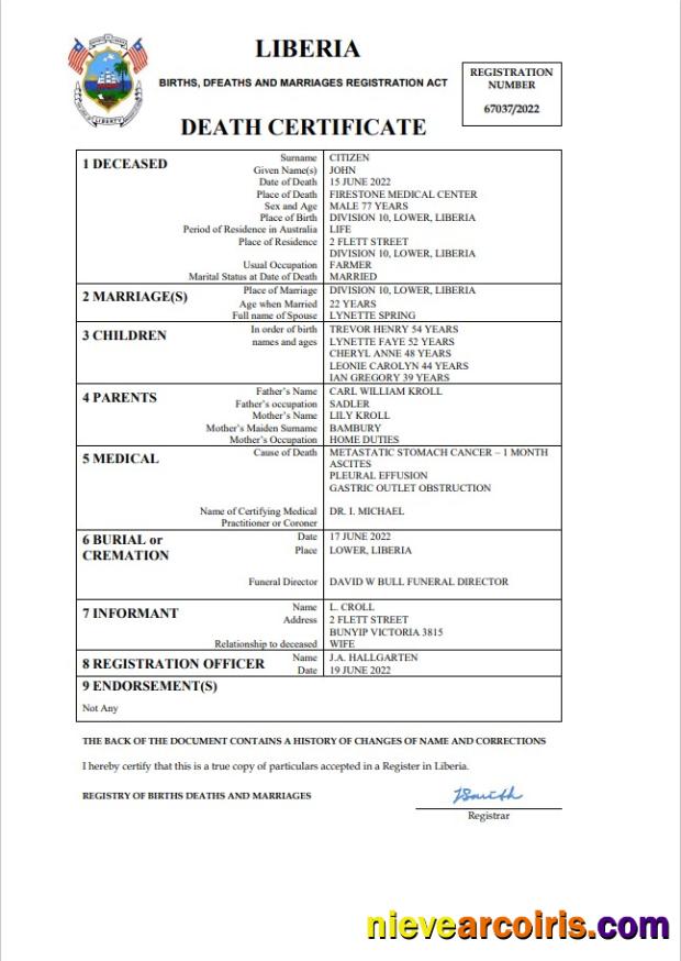 Editable Liberia Death Certificate Word And PDF Template
