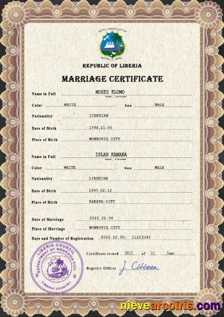 Realistic Liberia Marriage Certificate PSD Template
