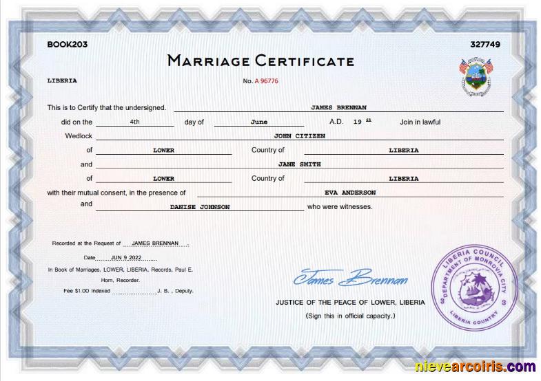Editable Liberia Marriage Certificate Word And PDF Template