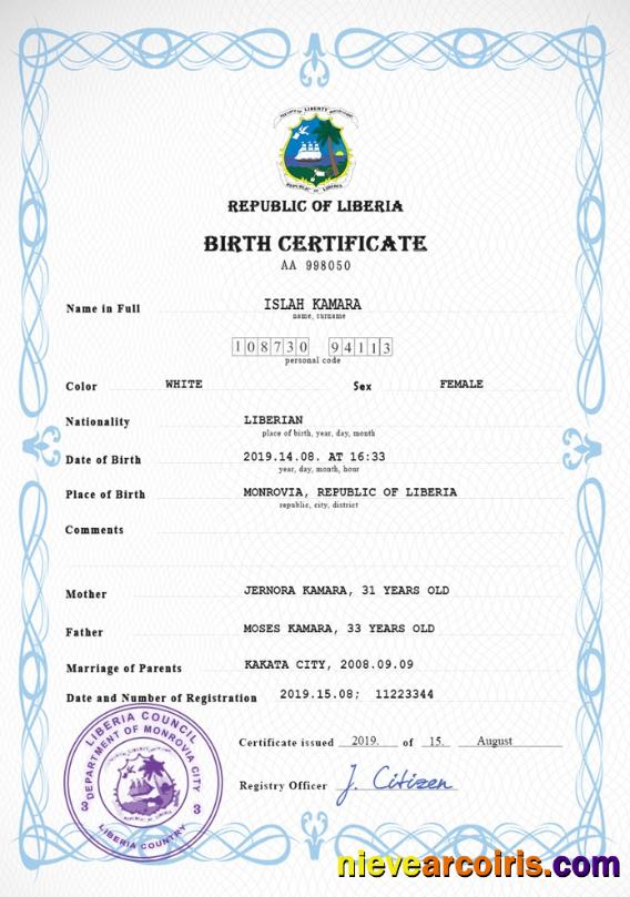 Premium Liberia Vital Record Birth Certificate PSD Template