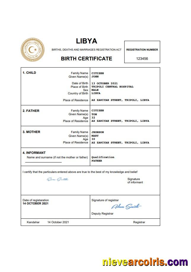 Editable Libya Birth Certificate Word And PDF Template